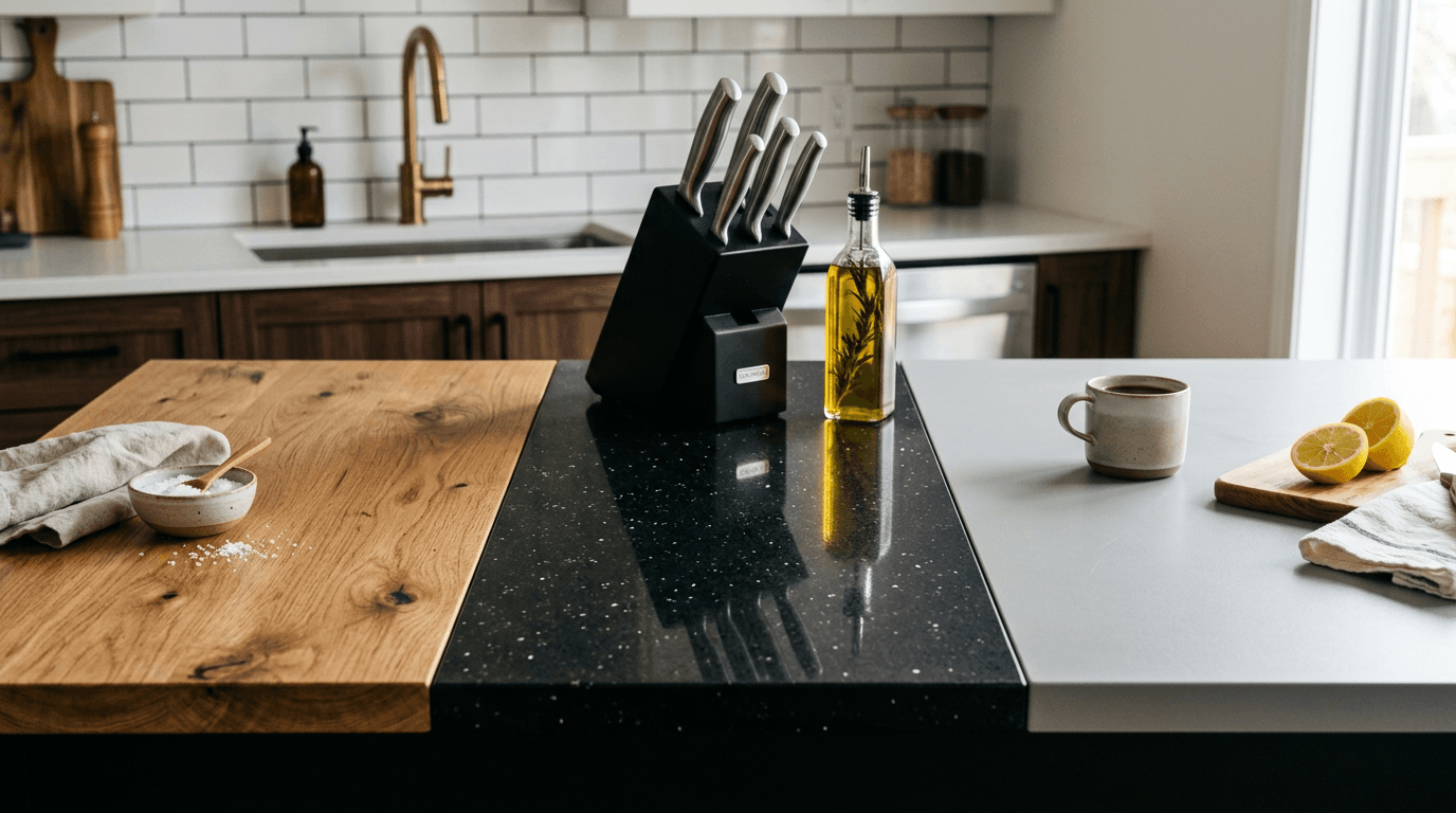 Porównanie blatów kuchennych — laminat, kamień, drewno