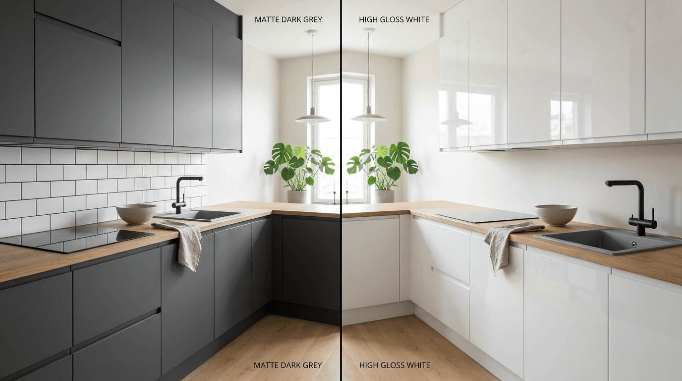 Fronty matowe i w połysku w małej kuchni — poradnik Stolarnia Pablo